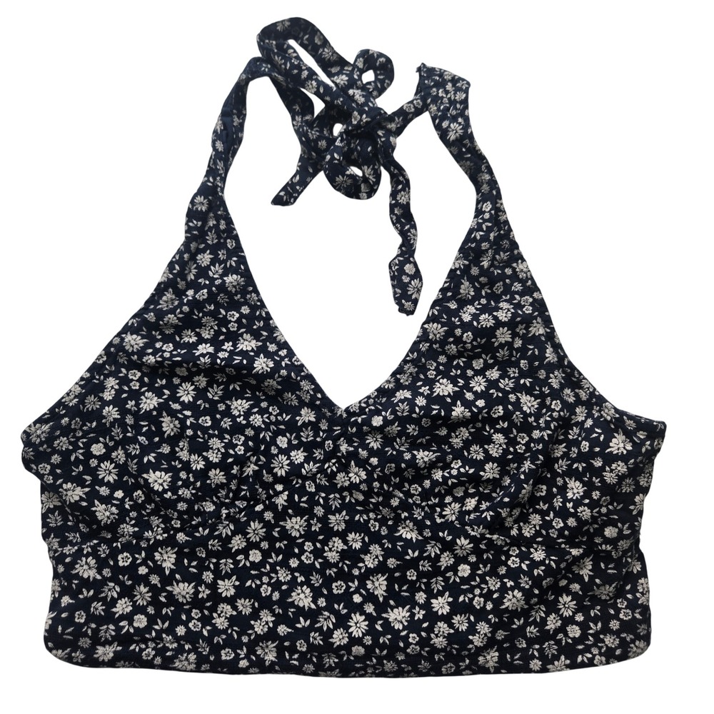 American Eagle M Navy Blue Ditsy Floral Smocked Halter Crop Top Boho